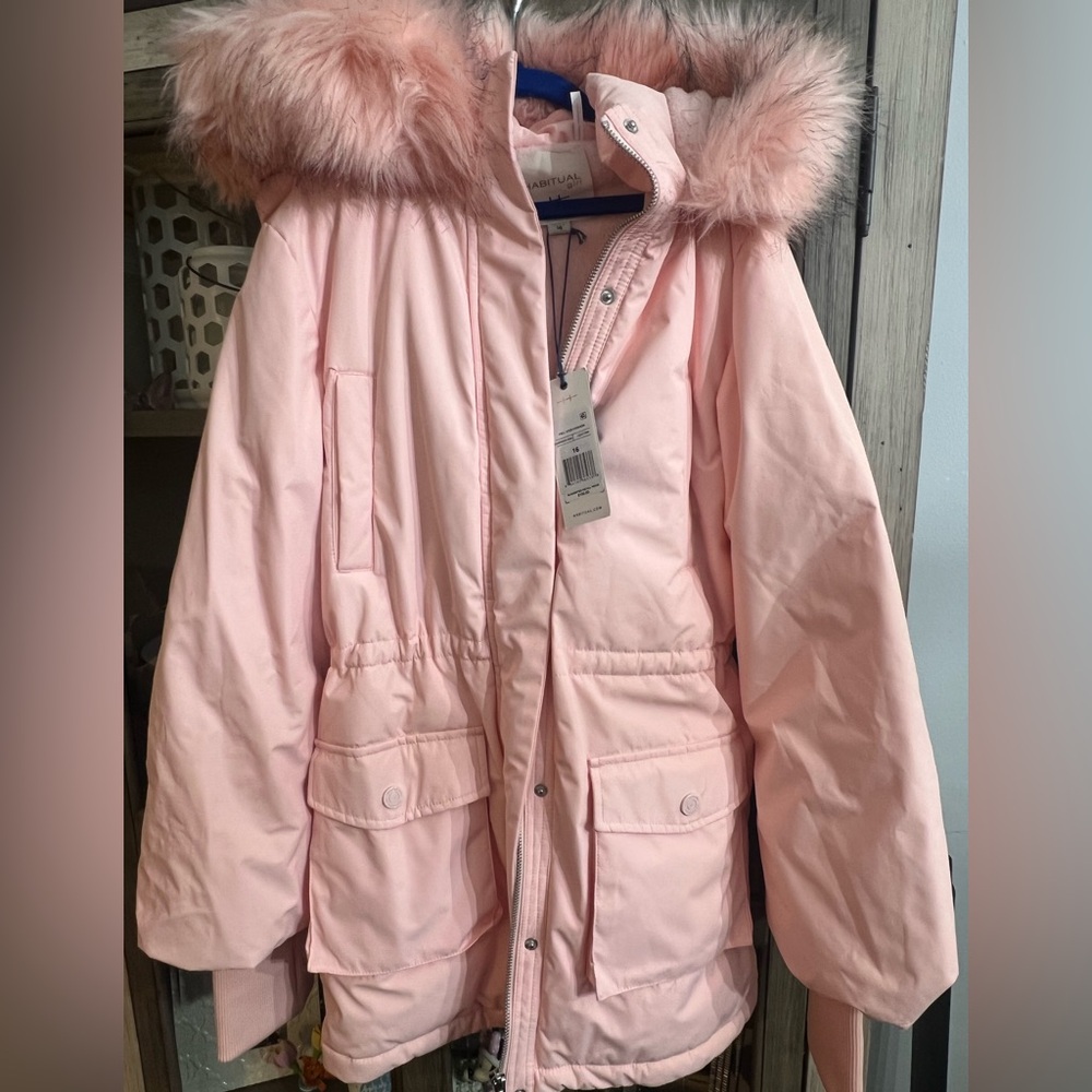 Habitual girl light pink puffer coat fur hood